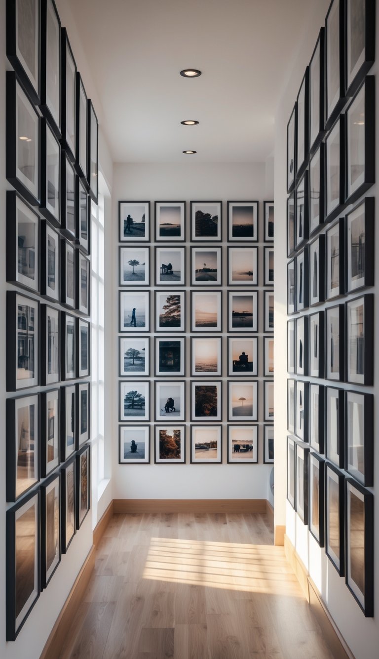 A hallway with a large photo wall made up of 50 framed pictures arranged in a grid.