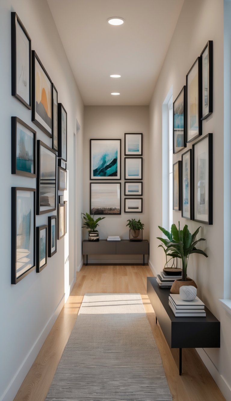 A hallway with a gallery wall displaying a variety of picture frames in different sizes arranged on the wall, with a wooden floor and a console table with decorative items.