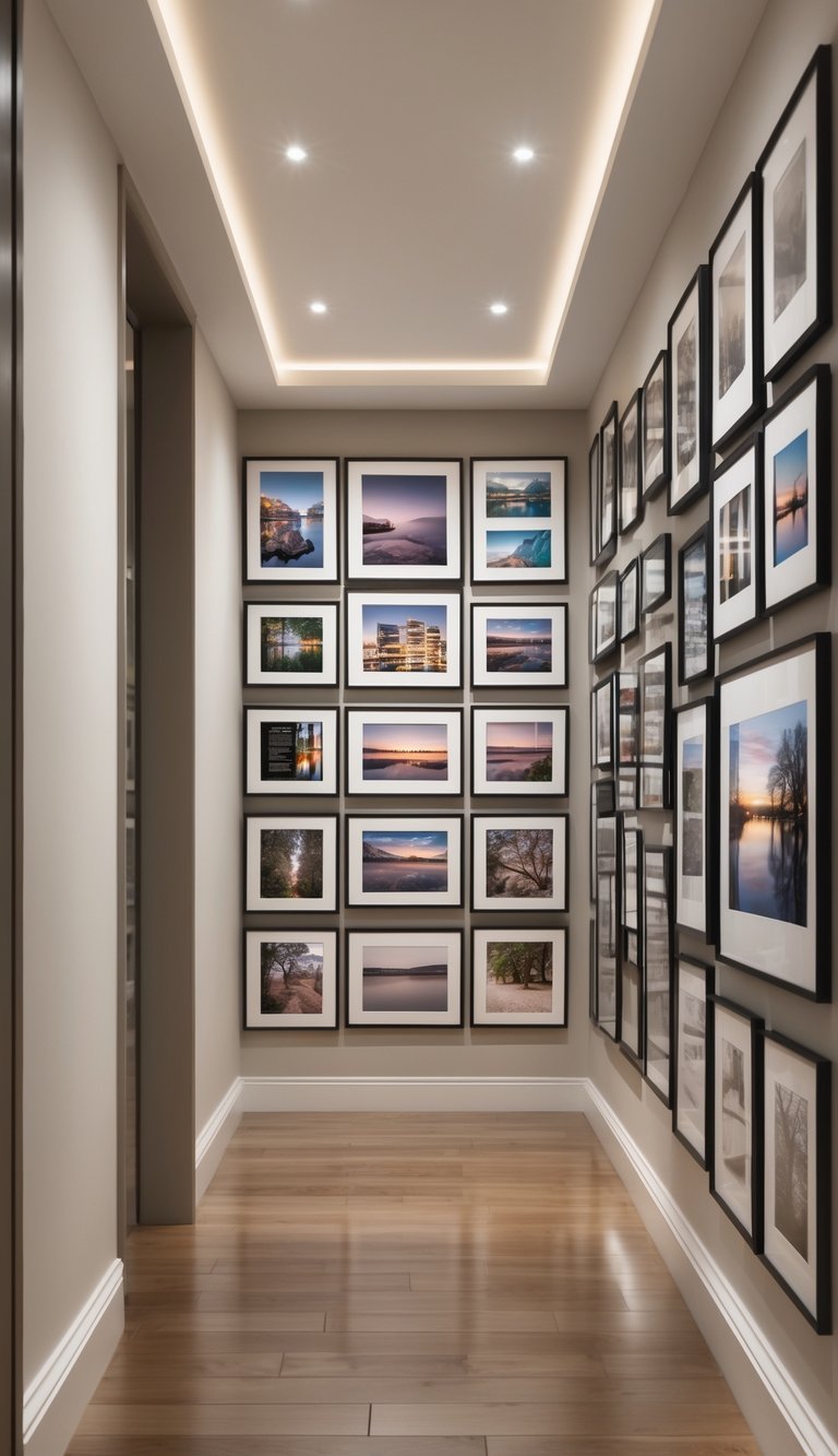 A modern hallway with a large photo wall displaying many framed pictures arranged artistically along one side.