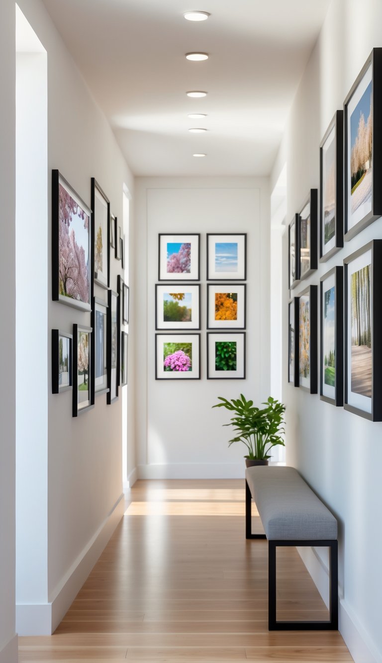 A bright hallway with a photo wall displaying framed pictures representing different seasons.