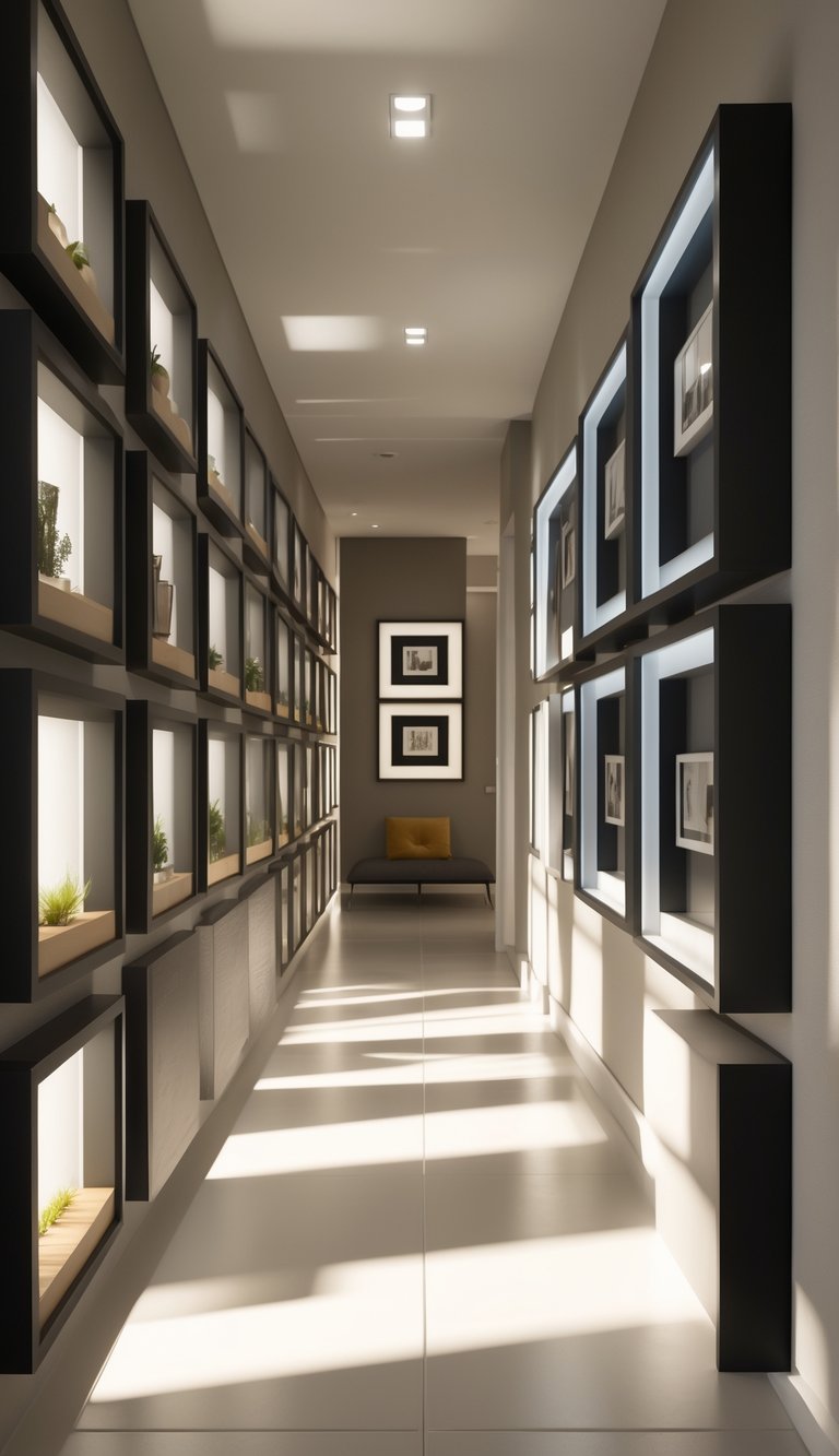 A hallway with a photo wall made of shadow box frames displaying photos and small objects.