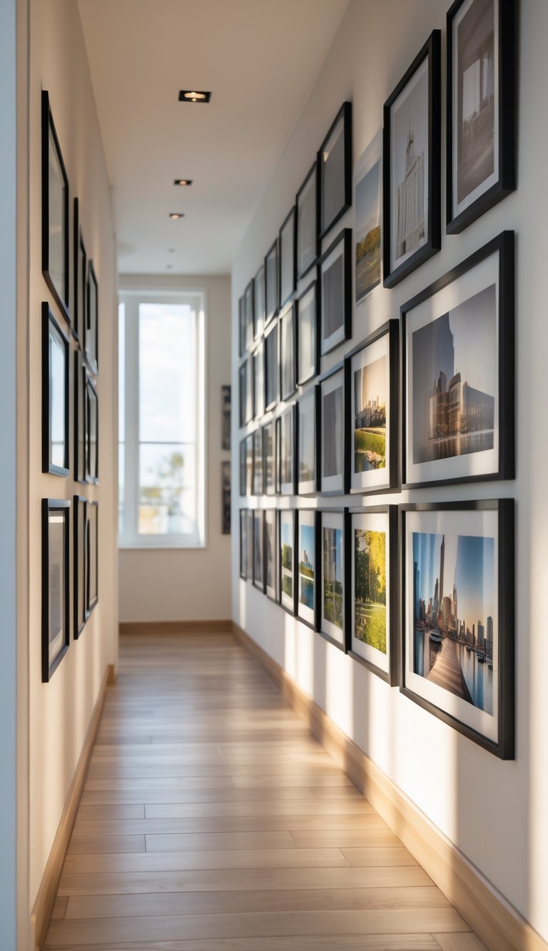 A hallway with a photo wall displaying multiple overlapping framed pictures arranged to create depth.