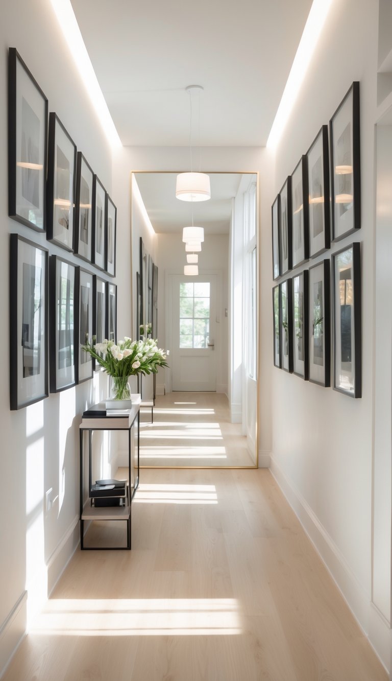 A hallway with framed photos and mirrors on the wall reflecting natural light, making the space bright and inviting.