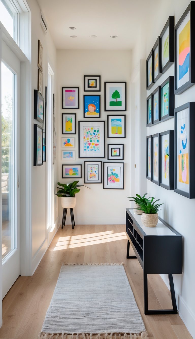 Hallway wall decorated with a mix of framed children's artwork and family photos arranged in a gallery style.
