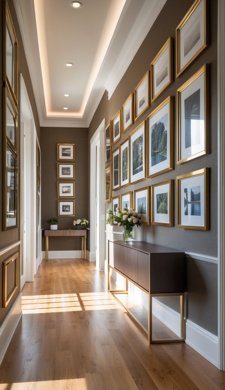 A hallway with a large photo wall displaying numerous framed pictures in gold and bronze frames, illuminated by natural light.
