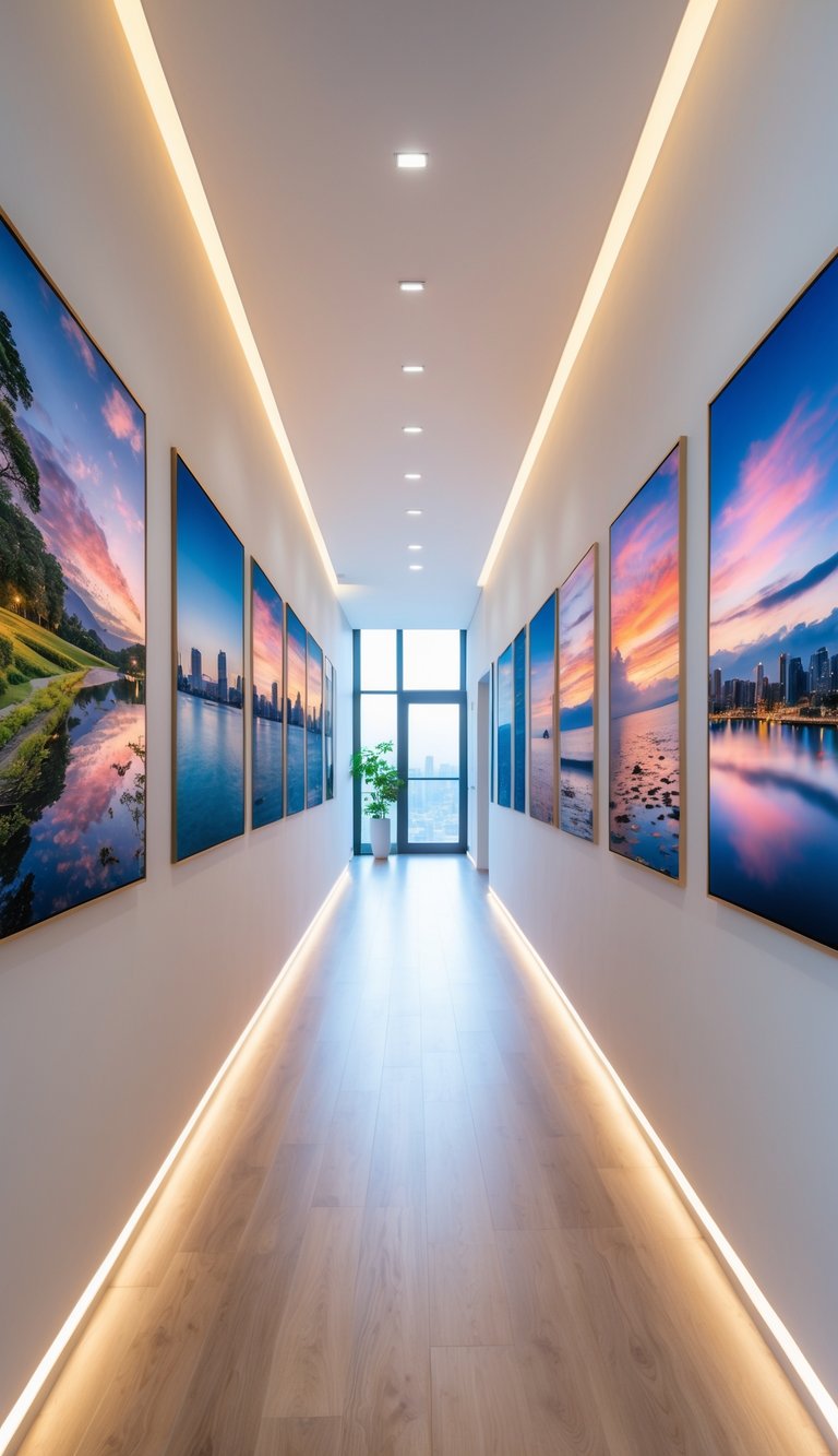 A long hallway with light walls and wooden floors, decorated with panoramic photo prints along one side.
