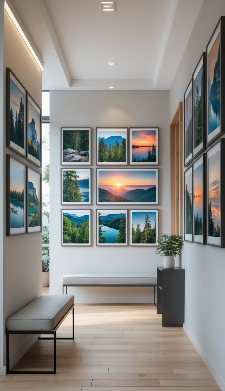 A hallway with a photo wall displaying framed nature photographs of forests, mountains, lakes, and sunsets.