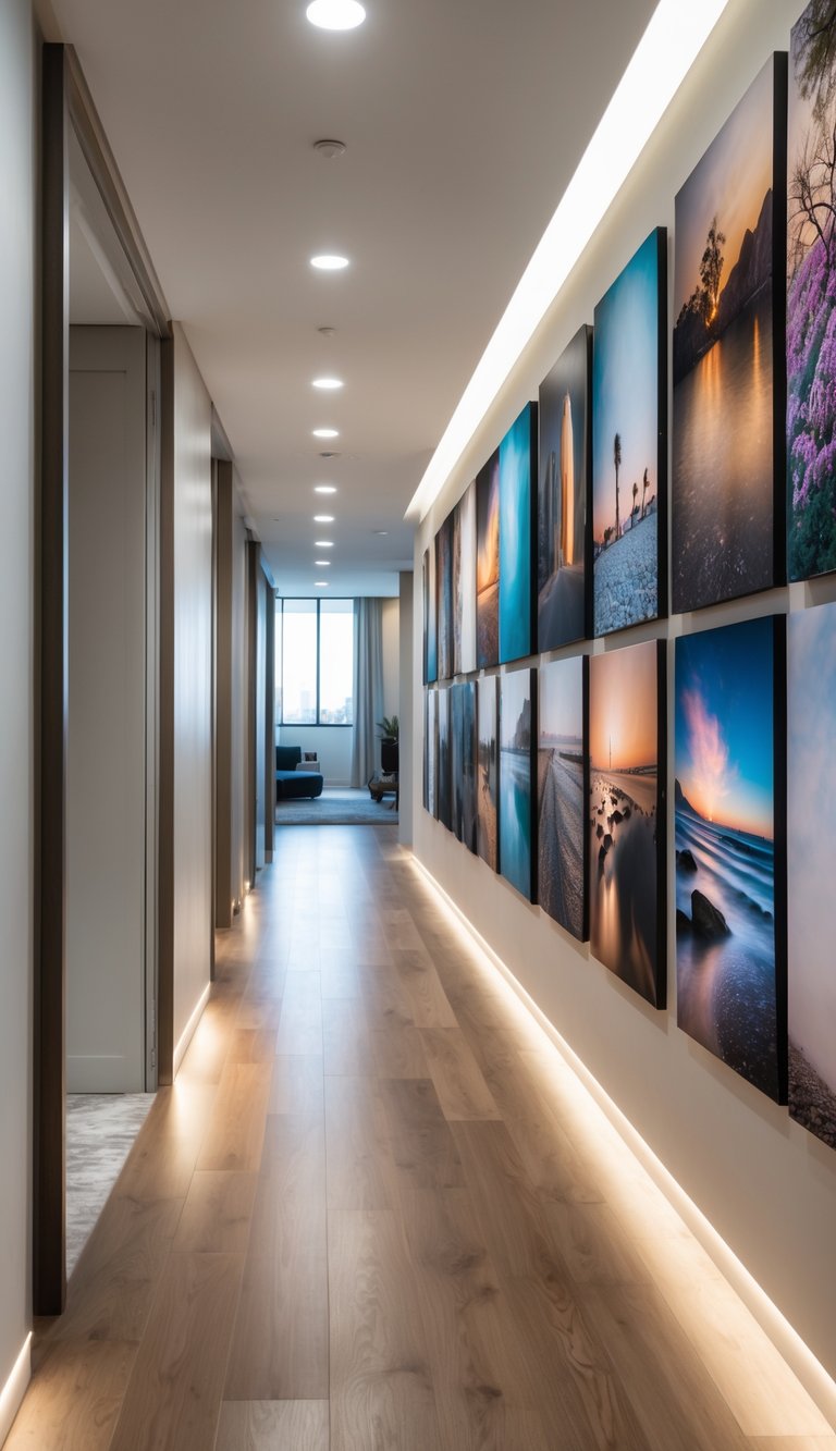 A spacious hallway with a large photo wall made up of oversized photo prints along one side, with wooden floors and recessed ceiling lights.