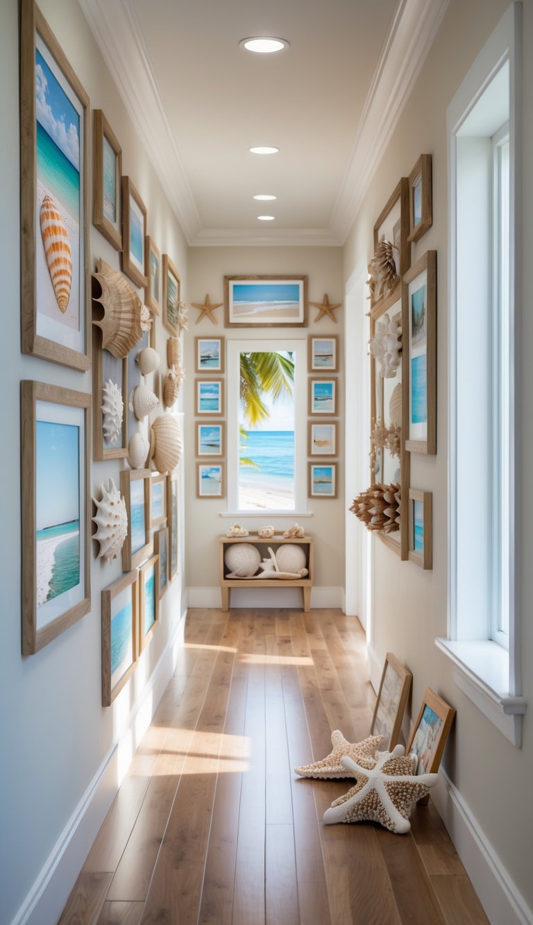 A hallway with a photo wall decorated with framed pictures of seashells and beach scenes, along with small seaside souvenirs.