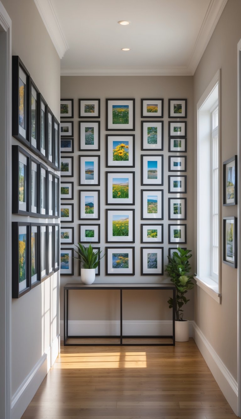 A hallway with a photo wall displaying numerous framed pictures arranged in an artistic layout, illuminated by natural light.