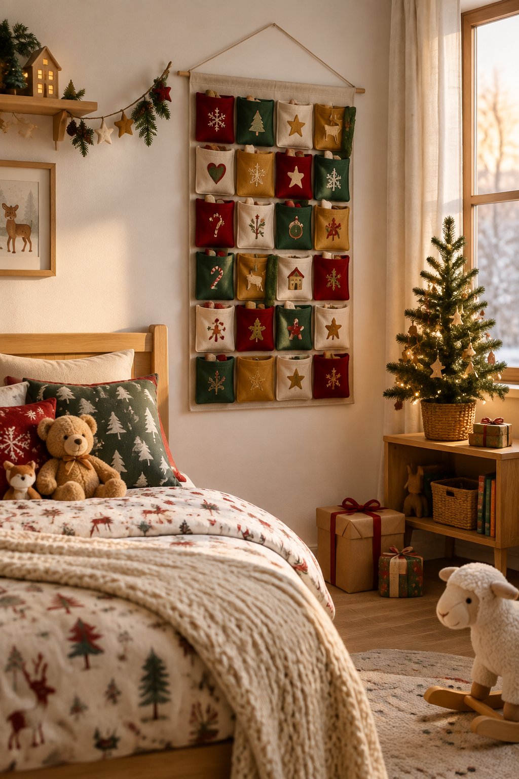 A cozy children's bedroom with a festive fabric pocket advent calendar on the wall and Christmas decorations.