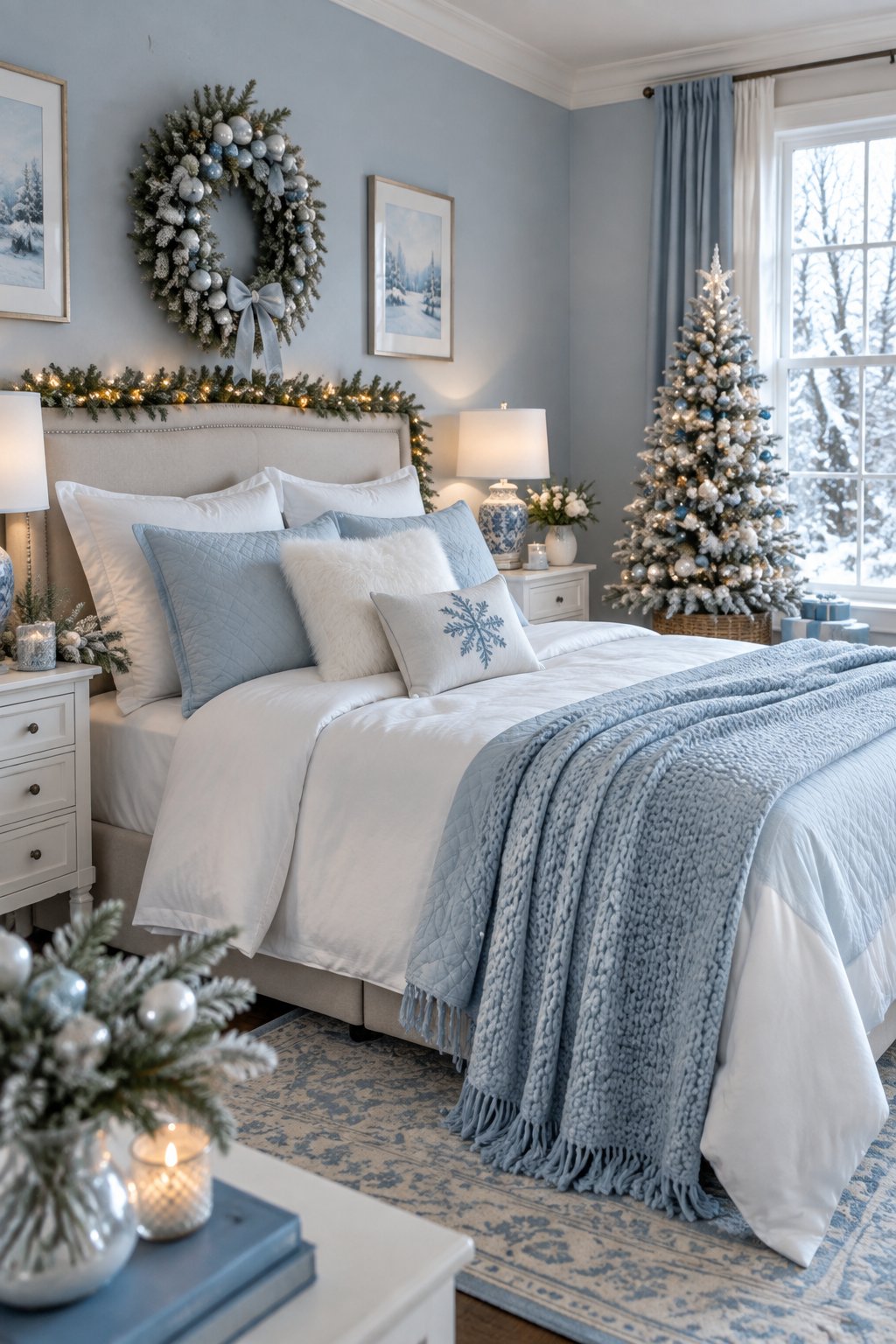 A cozy blue and white bedroom decorated with Christmas greenery, ornaments, lights, and a small tree.