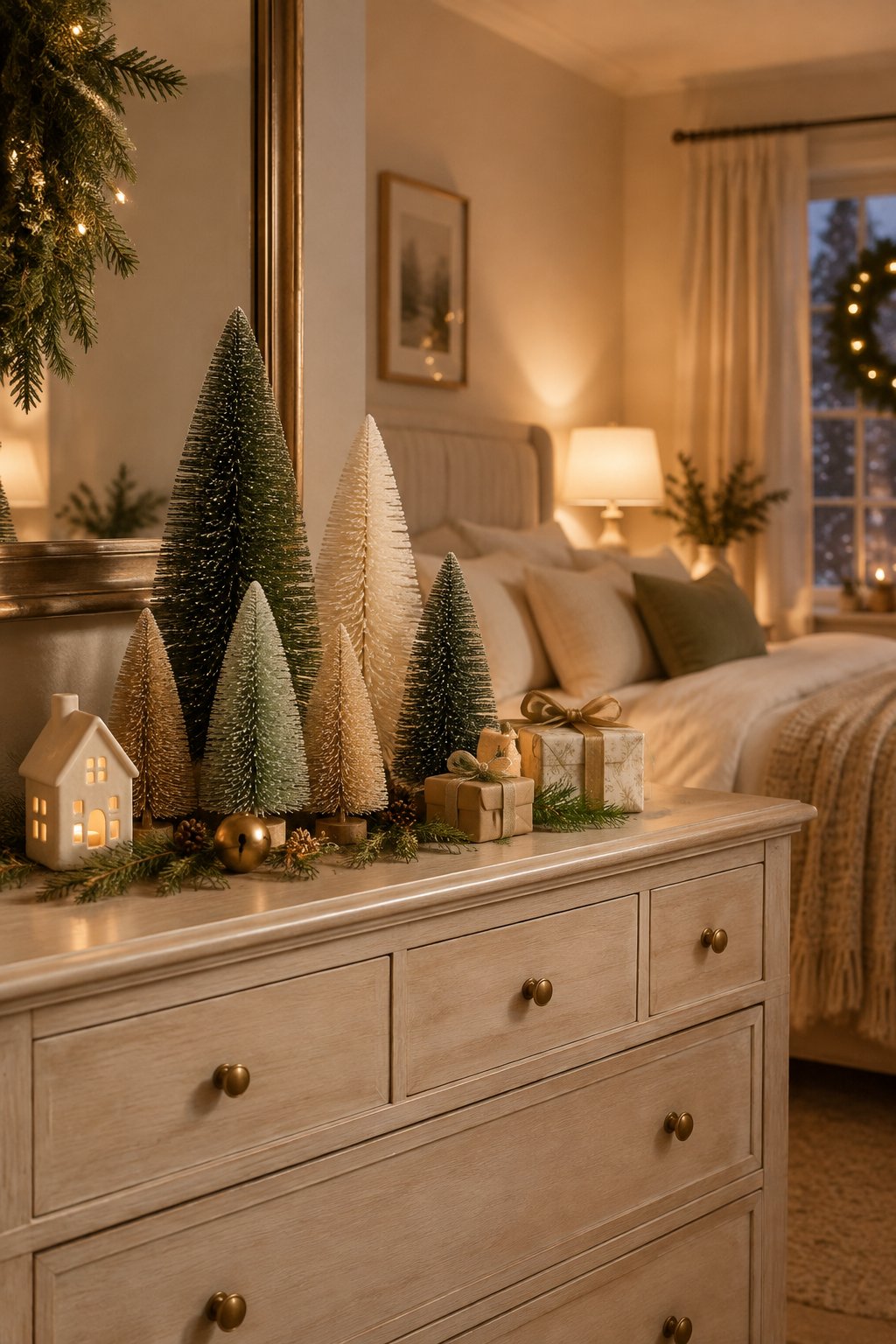 A bedroom dresser decorated with miniature bottle brush Christmas trees and subtle seasonal accents.