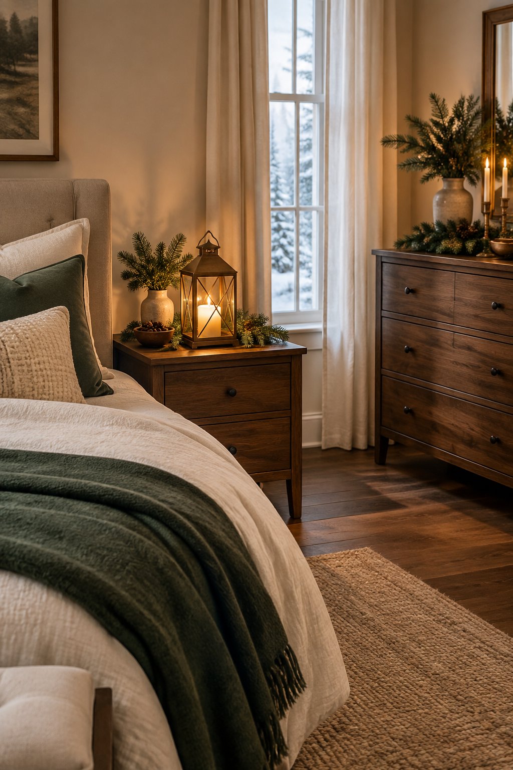 A cozy Christmas bedroom with a glowing candle lantern and pine sprigs on a nightstand beside a decorated dresser.