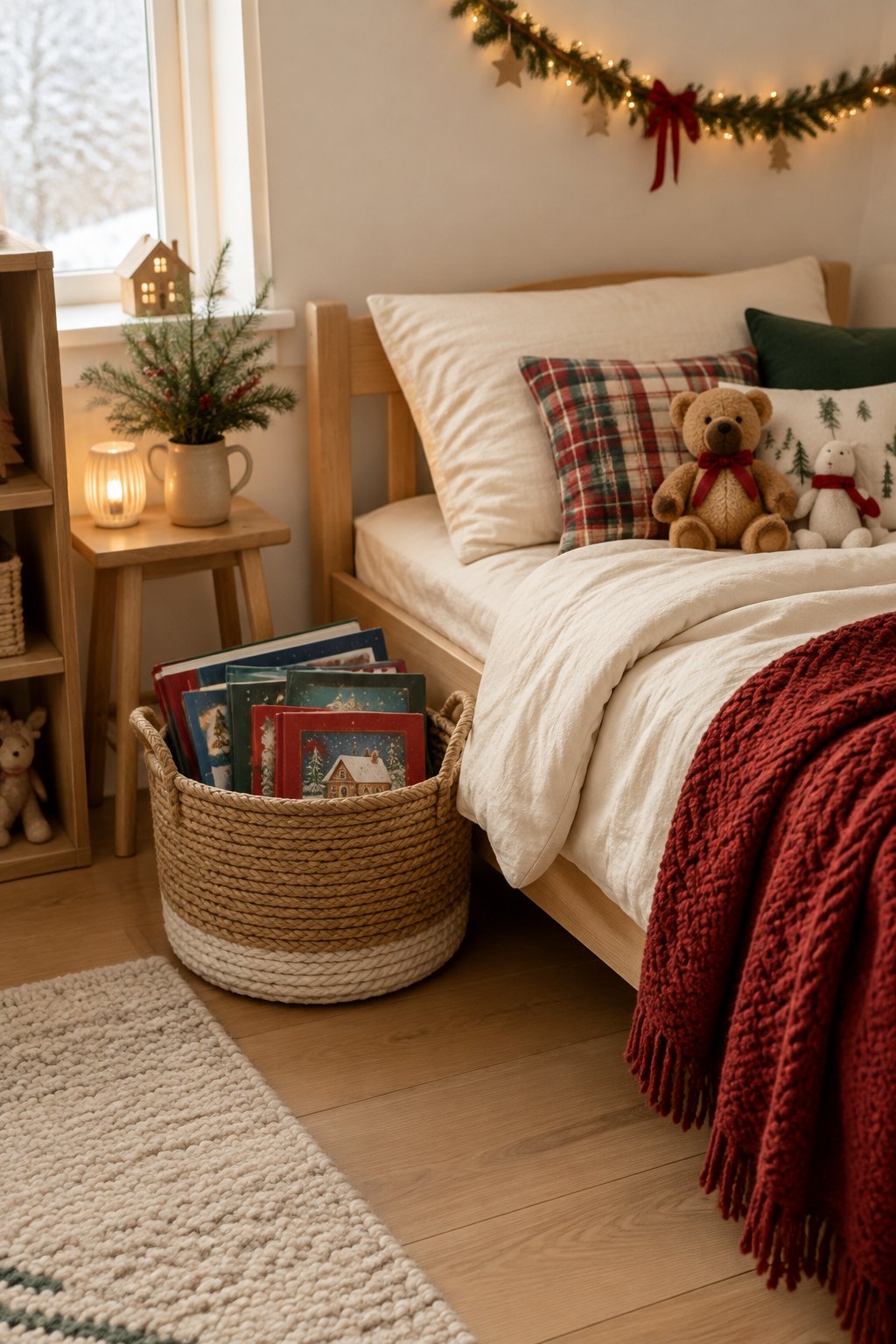 A cozy child’s bedroom with a basket of Christmas storybooks beside the bed.