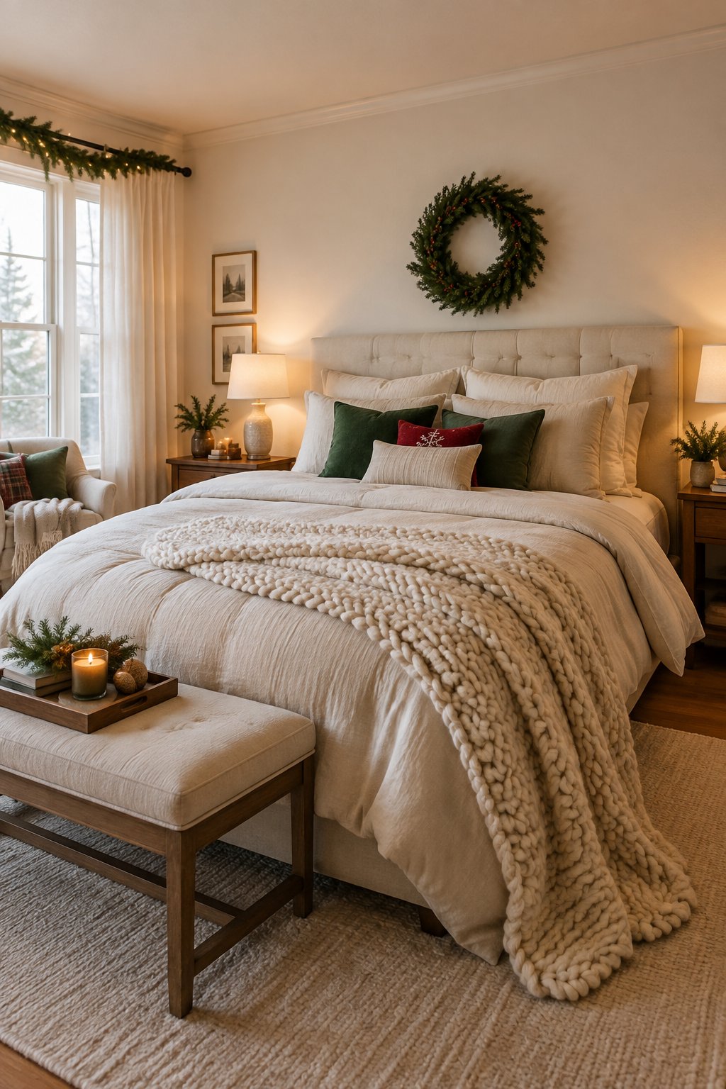 A warmly decorated Christmas bedroom with a chunky knit throw draped across the foot of a neatly made bed.