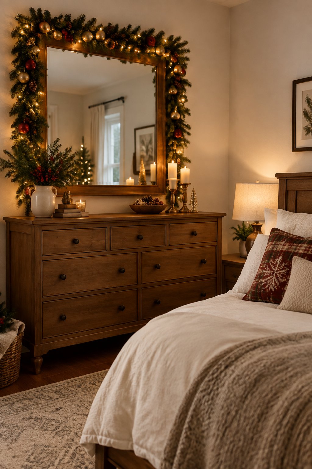 A cozy Christmas bedroom with a garland and lights decorating the mirror above a wooden dresser.