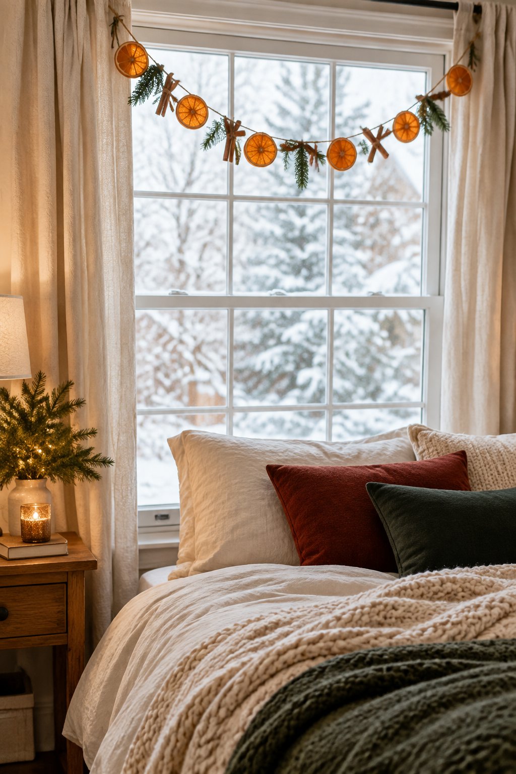 A cozy Christmas bedroom with a dried orange garland hanging across the window.