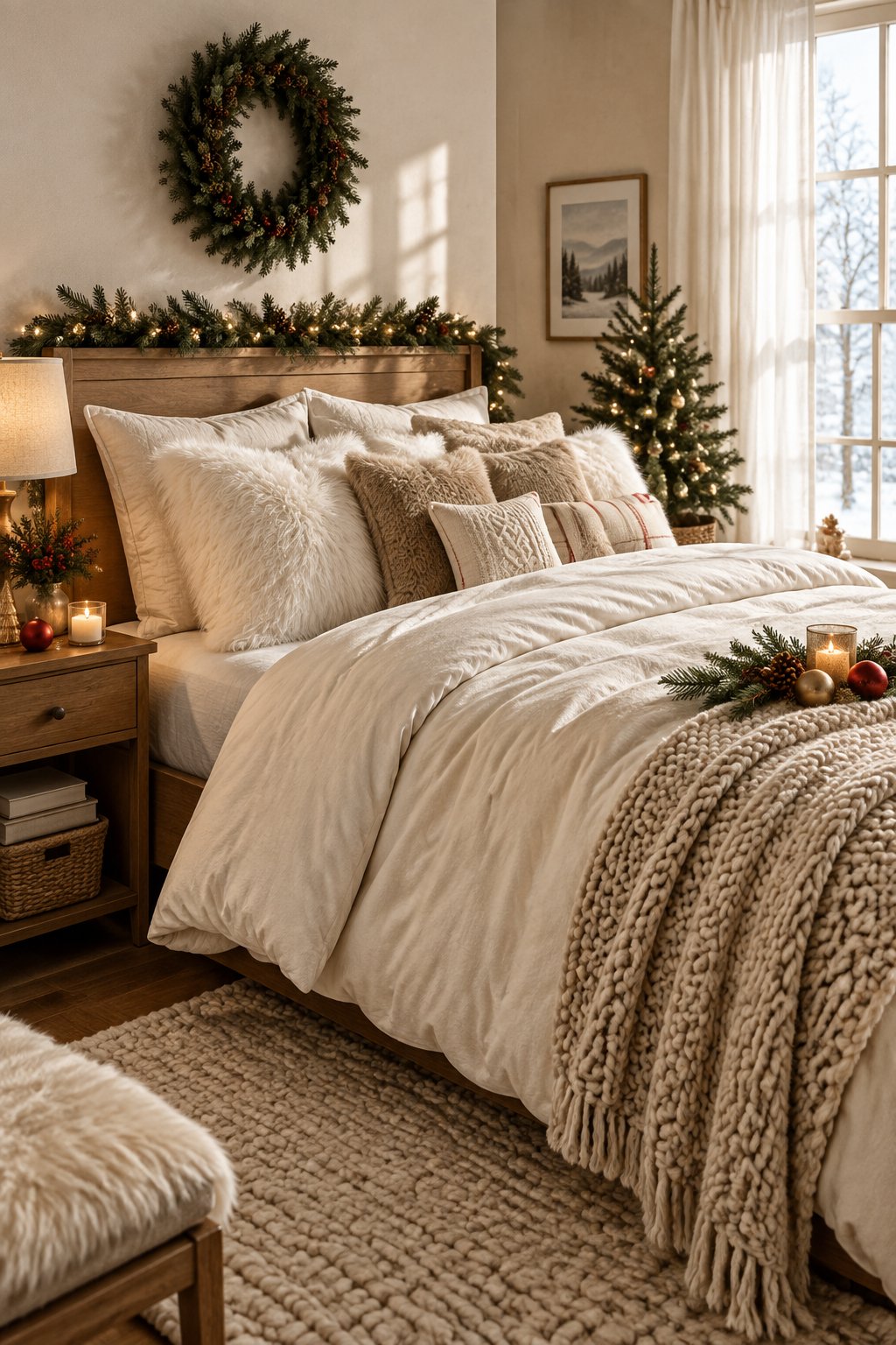 A cozy bedroom with a cream duvet, faux fur pillows, and subtle Christmas decorations.