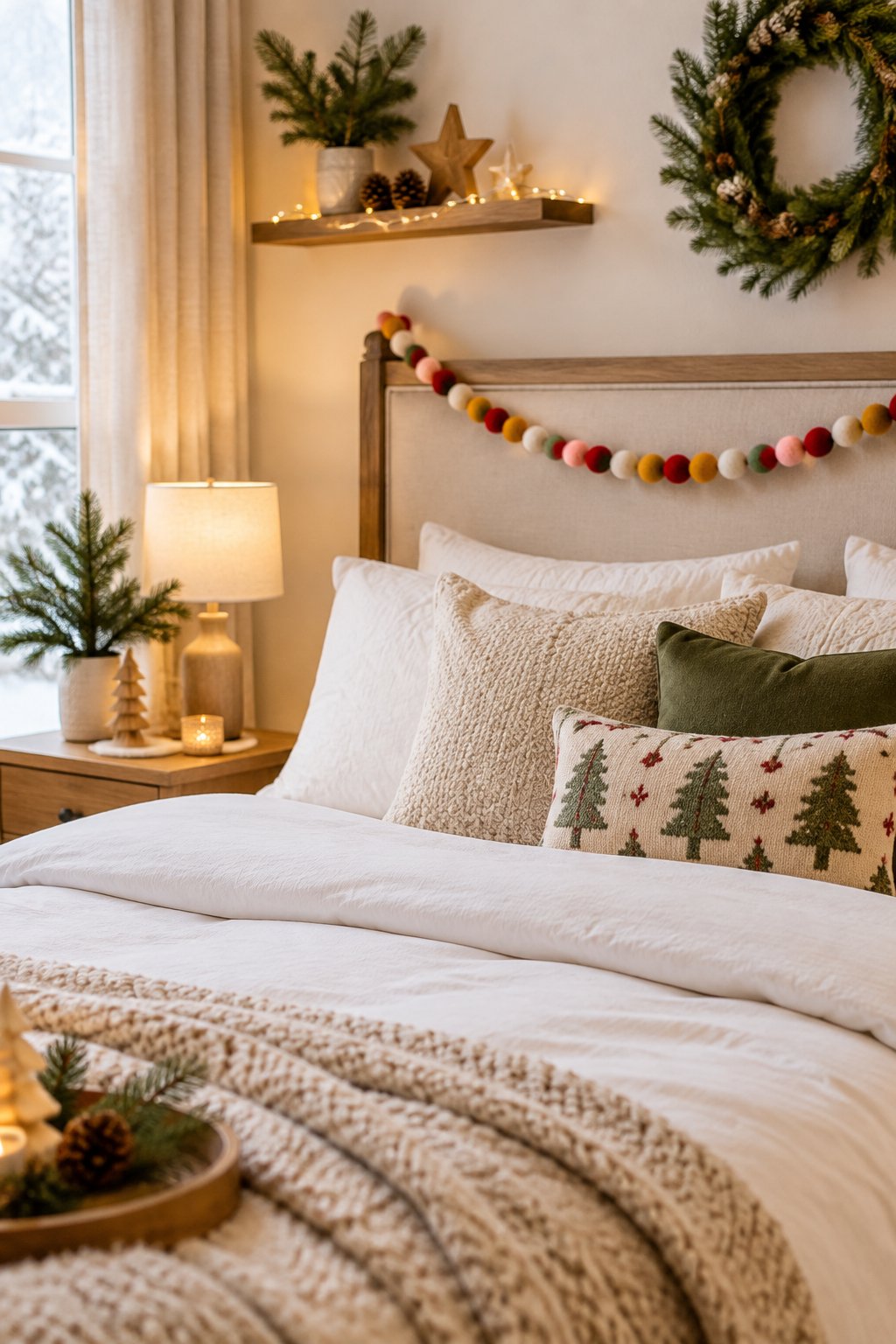 A cozy Christmas bedroom with a colorful felt ball garland draped across the headboard.