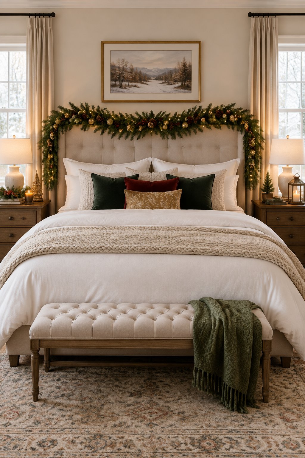 A cozy bedroom with a Christmas garland draped across the headboard of a neatly made bed.