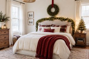 A Christmas bedroom with a lit garland around the headboard, a wreath hung on red ribbon above the bed, plaid pillows, a red knit throw and a small tree on the nightstand.