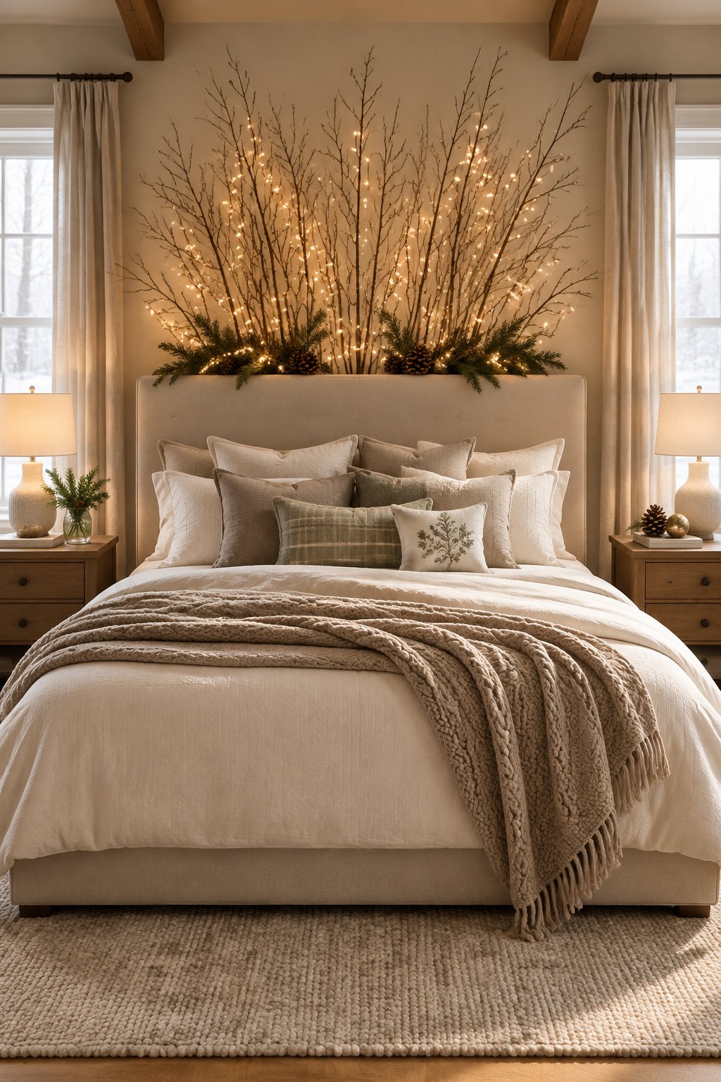 A cozy bedroom with a decorated bed and warmly lit branches arranged behind the headboard.