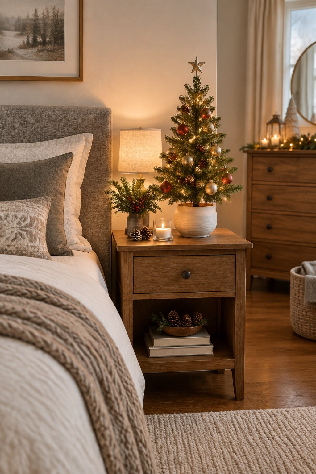 A cozy bedroom with a small decorated Christmas tree on a nightstand beside a neatly made bed.