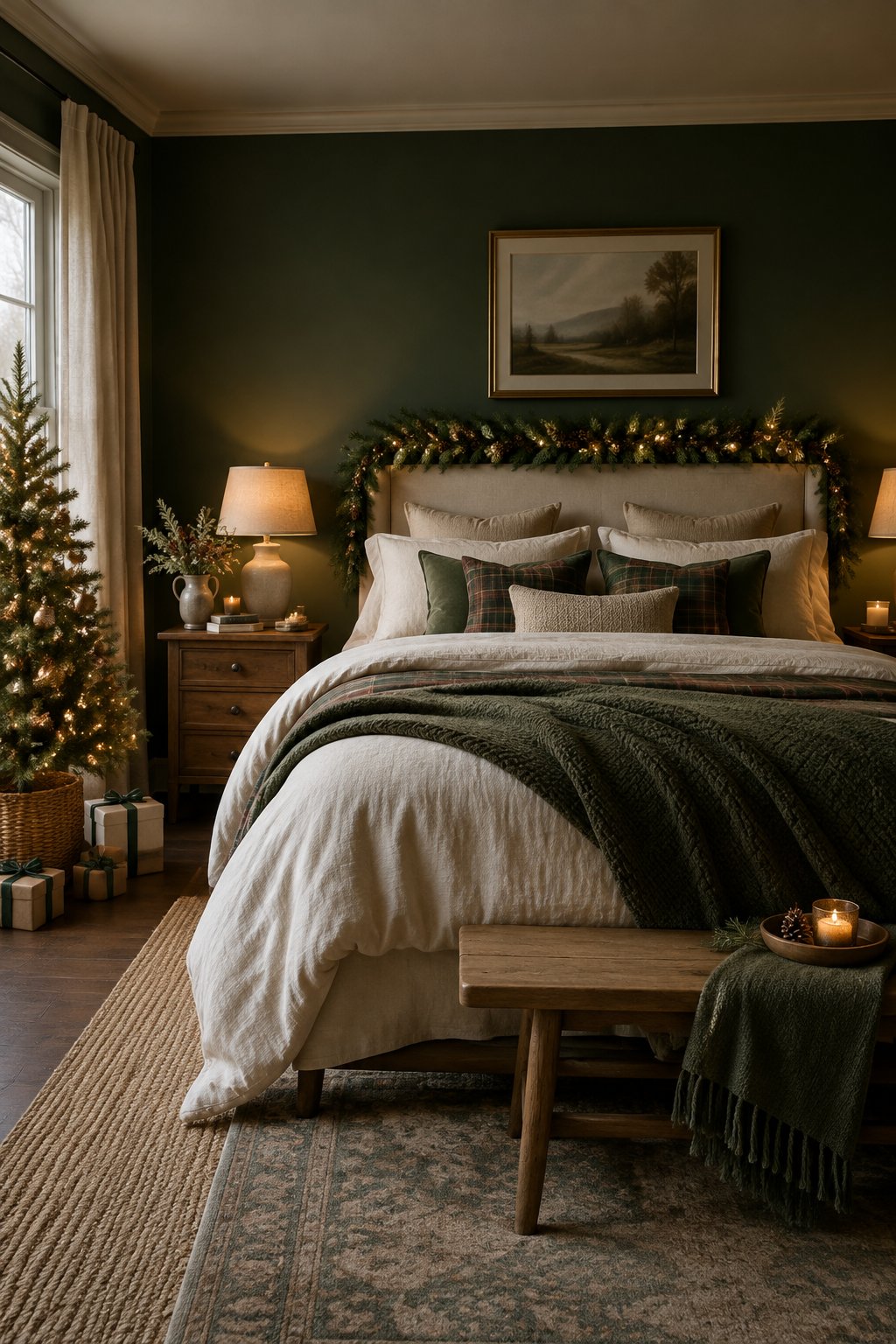 A cozy deep green bedroom decorated with evergreen garlands, warm lights, a small Christmas tree, and neutral bedding.