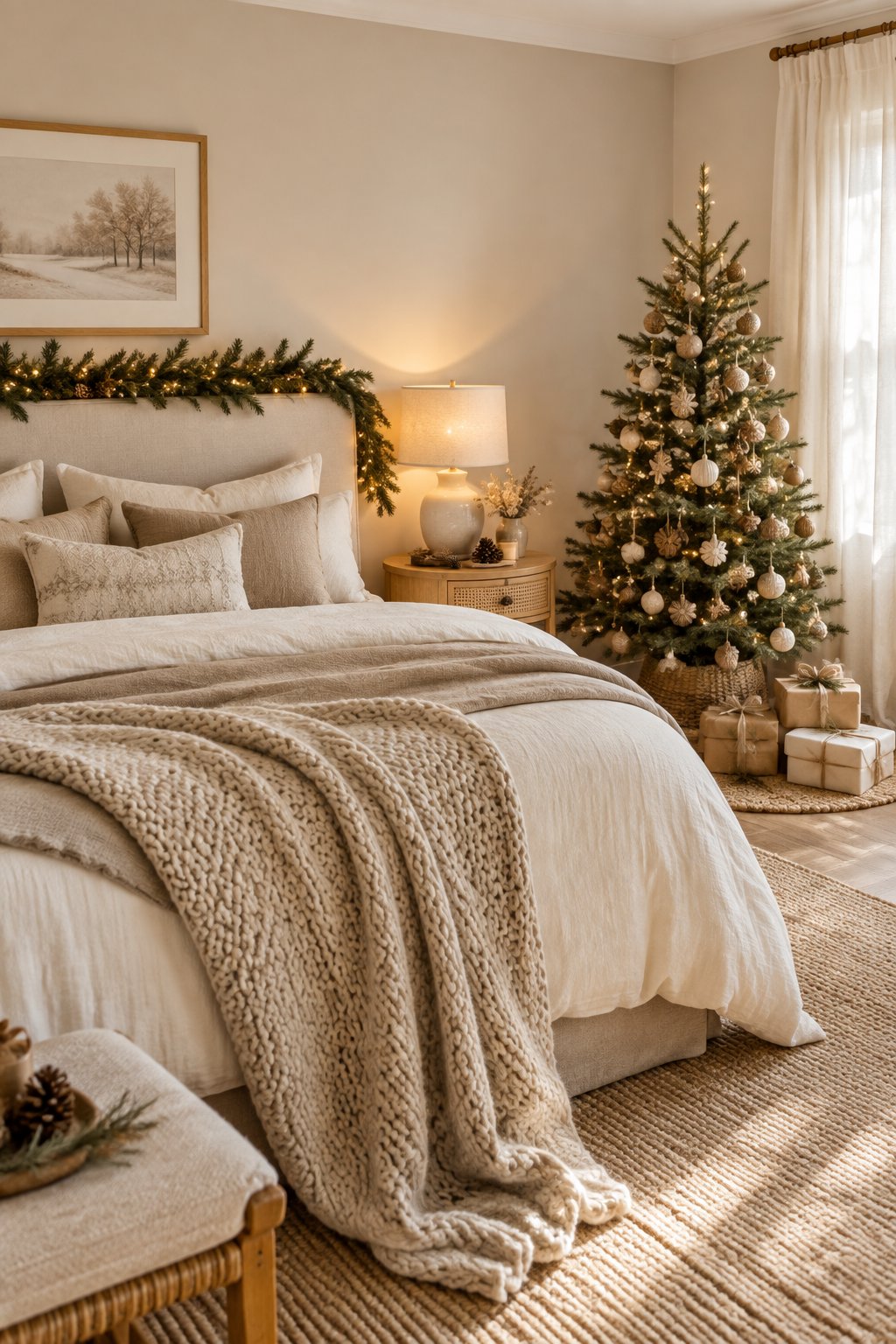 A cozy beige bedroom decorated with subtle Christmas greenery, warm lights, and a small decorated tree.