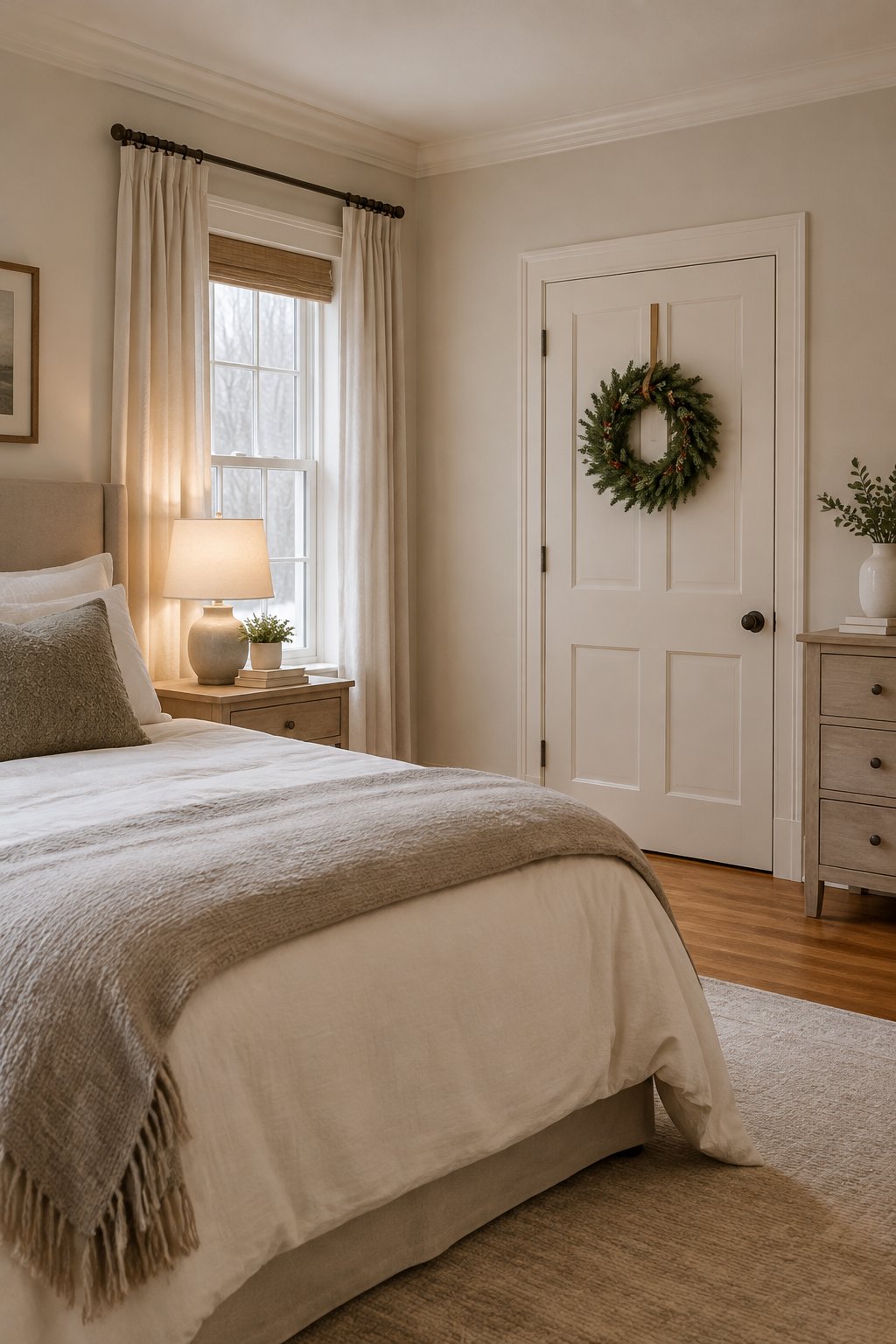 A cozy bedroom with a small evergreen wreath hanging on the closed door.