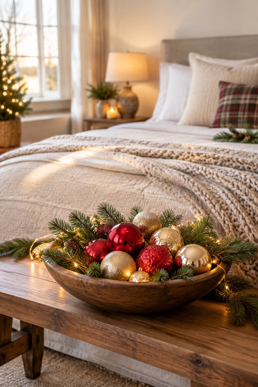 A cozy bedroom with a bowl of Christmas ornaments on a bench at the foot of the bed.