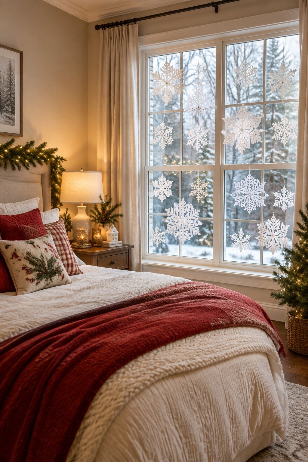 Cozy Christmas bedroom with handmade paper snowflakes decorating the window.