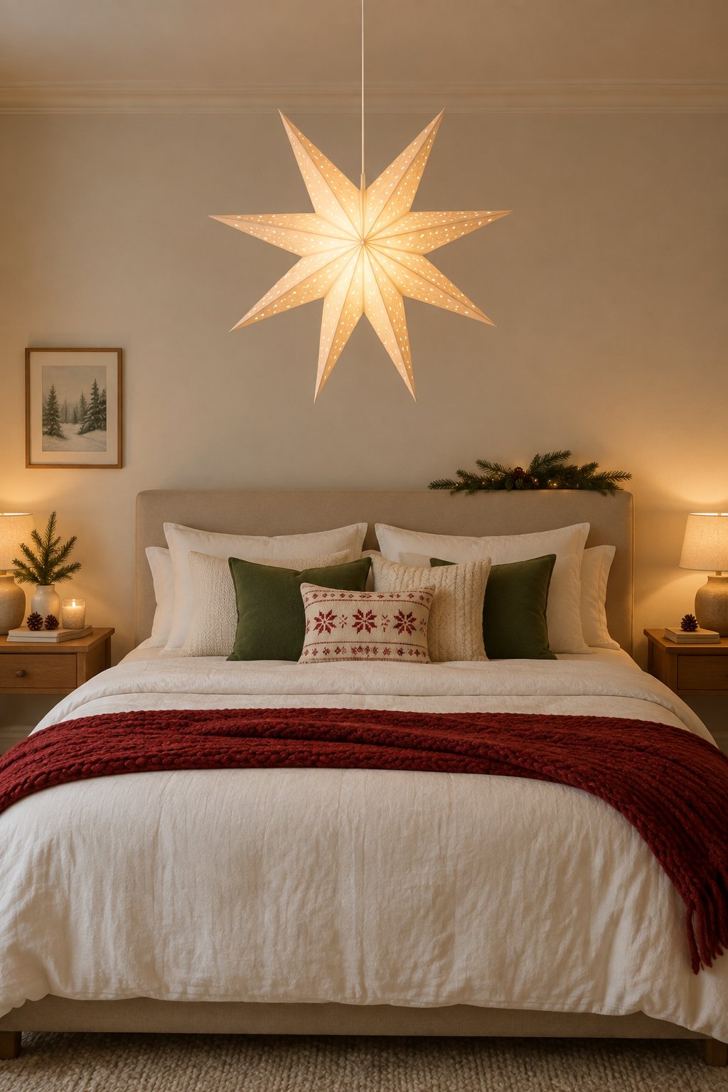 A cozy bedroom with a glowing paper star lantern hanging above a neatly decorated Christmas bed.