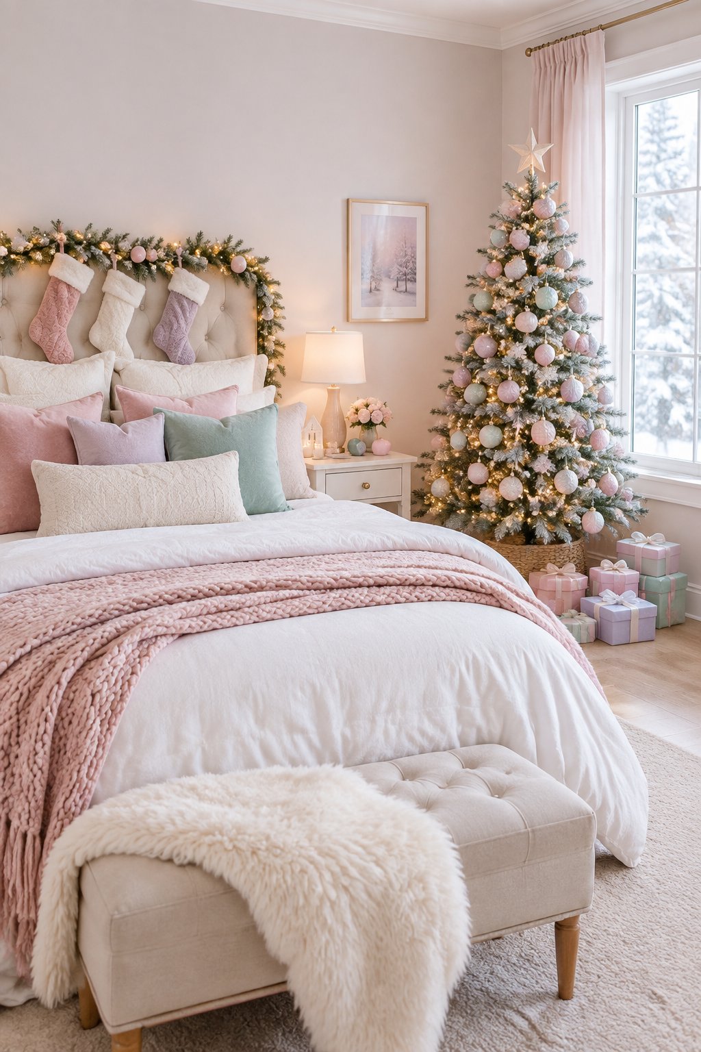 A cozy pastel pink bedroom decorated with a small colorful Christmas tree and festive ornaments.