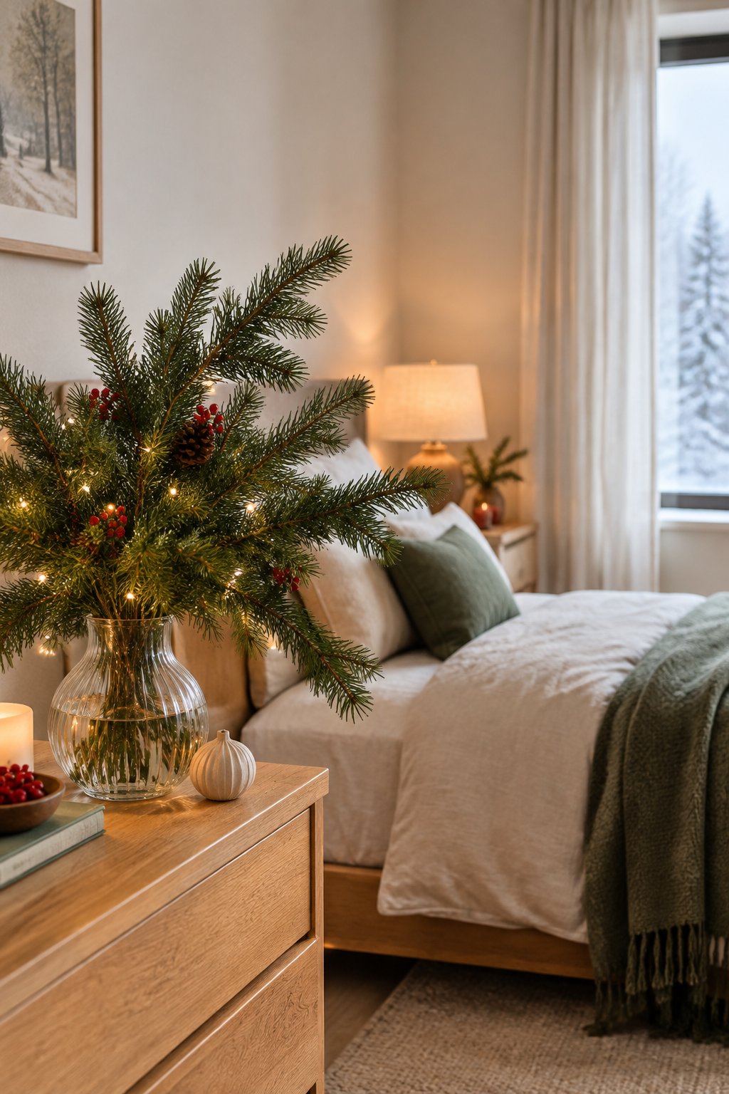 A cozy bedroom with pine branches arranged in a vase on a bedside table.