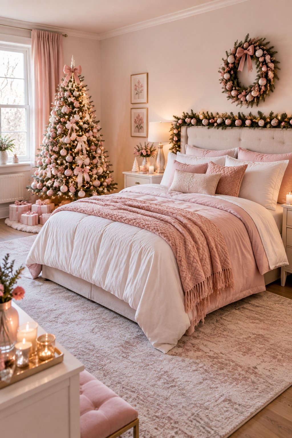 A cozy pink bedroom decorated with a small pink Christmas tree, festive ornaments, warm lights, and wrapped gifts.