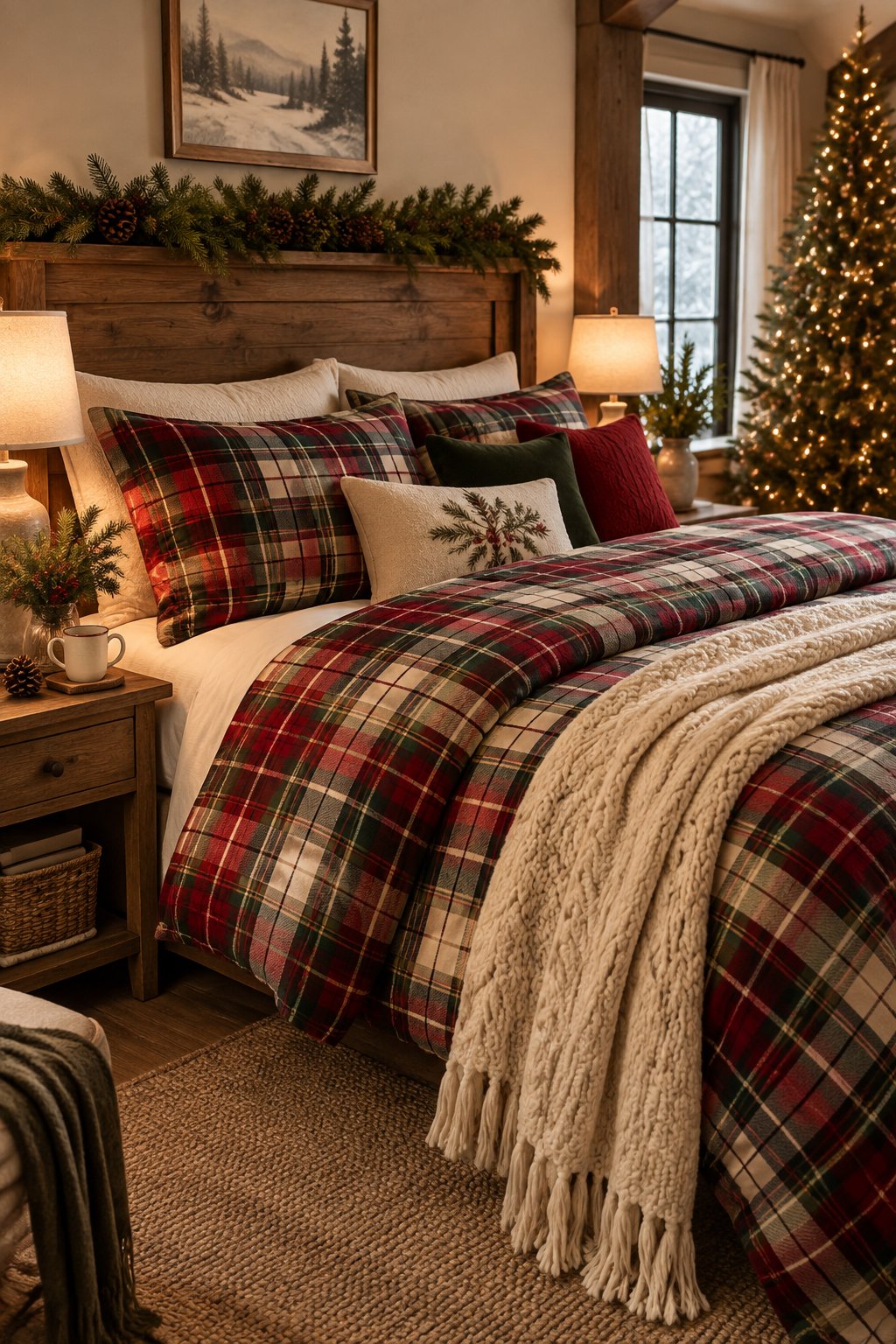 A cozy Christmas bedroom with red and green plaid flannel bedding, warm lights, evergreen decorations, and a softly glowing Christmas tree.