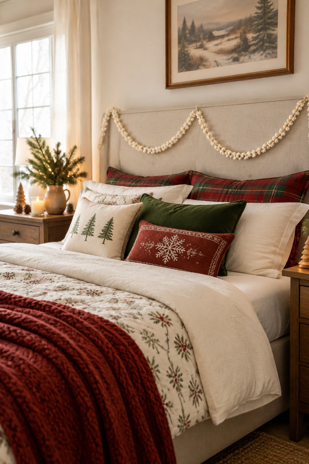 A cozy Christmas bedroom with a popcorn garland draped across the bed’s headboard.