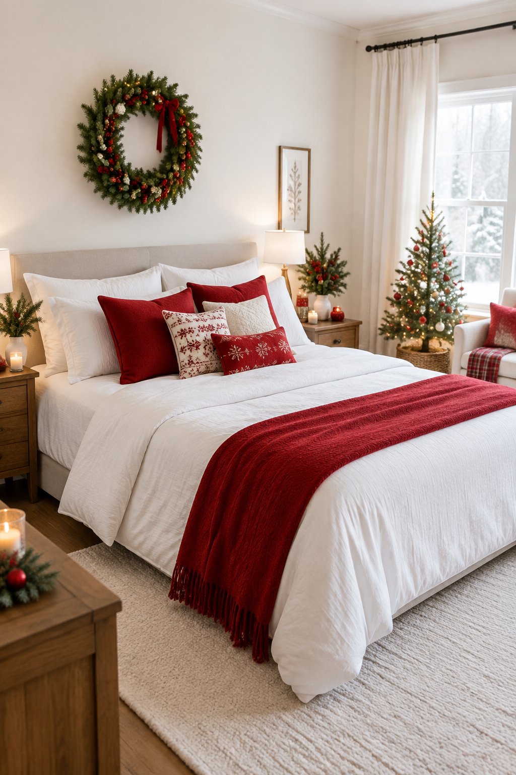 A cozy bedroom decorated for Christmas in red and white with festive bedding, ornaments, greenery, and warm lights.