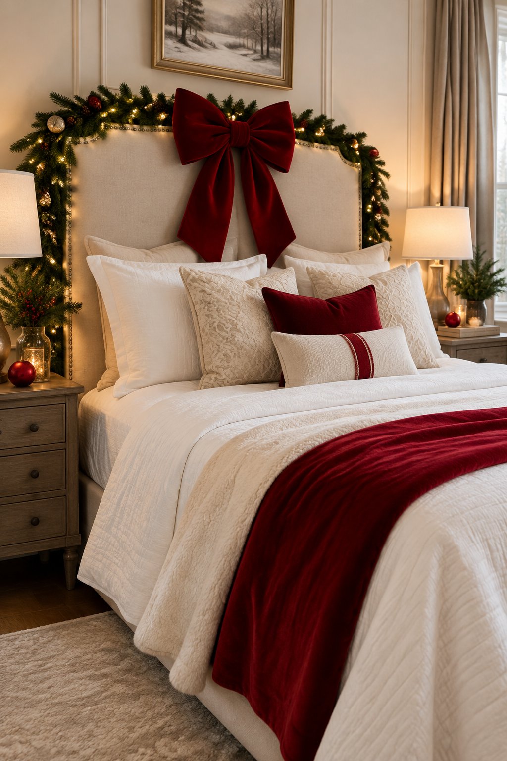 A decorated Christmas bedroom featuring a large red velvet bow on the headboard above a neatly made bed.