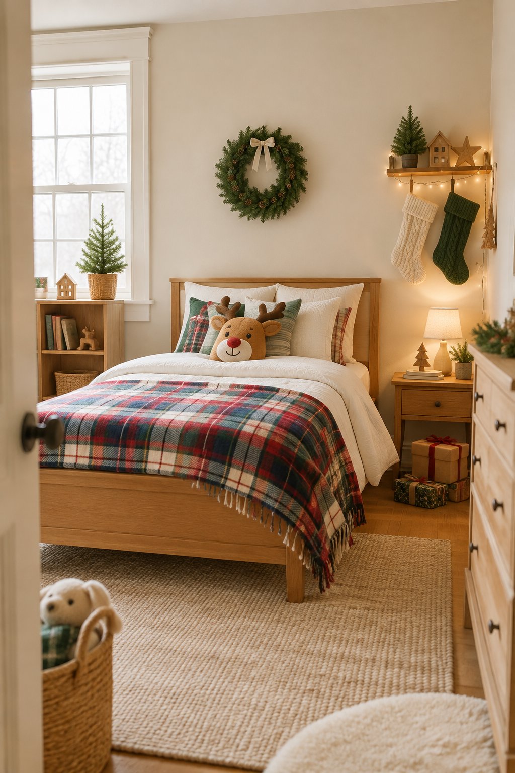 A cozy child’s bedroom decorated for Christmas with a reindeer pillow and plaid blanket on the bed.