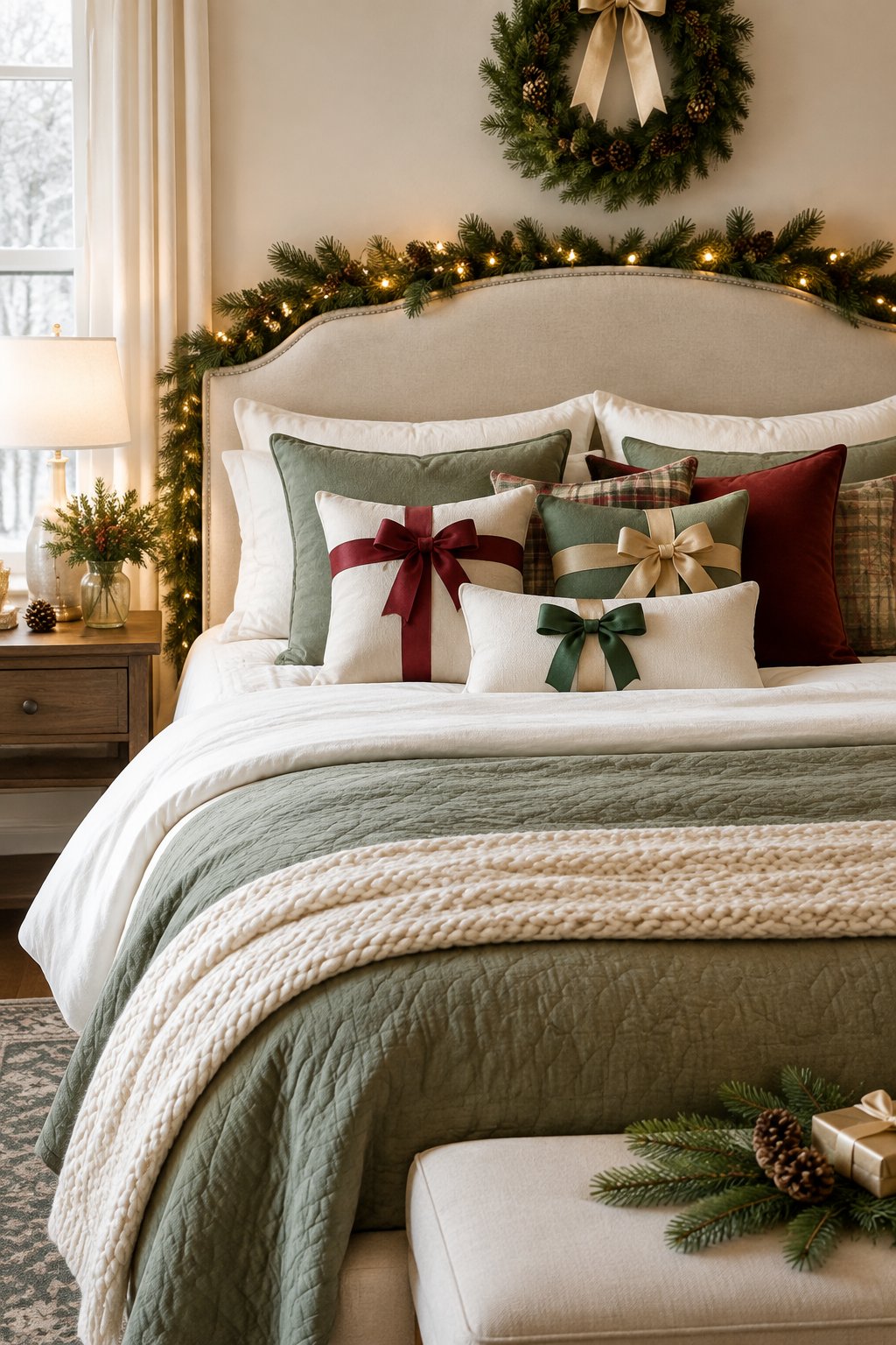 A cozy Christmas bedroom with a decorated bed featuring pillows tied with festive ribbons.