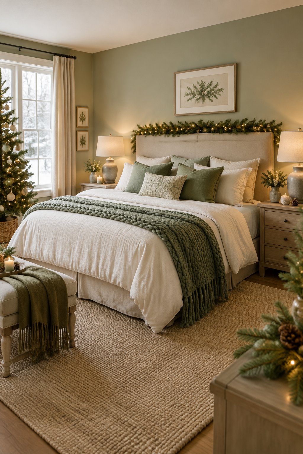 A cozy sage green and cream bedroom decorated with subtle Christmas greenery and warm lights.