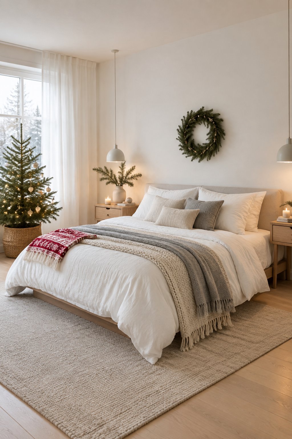 A bright white bedroom decorated with a small Christmas tree, greenery, lights, and neutral holiday accents.