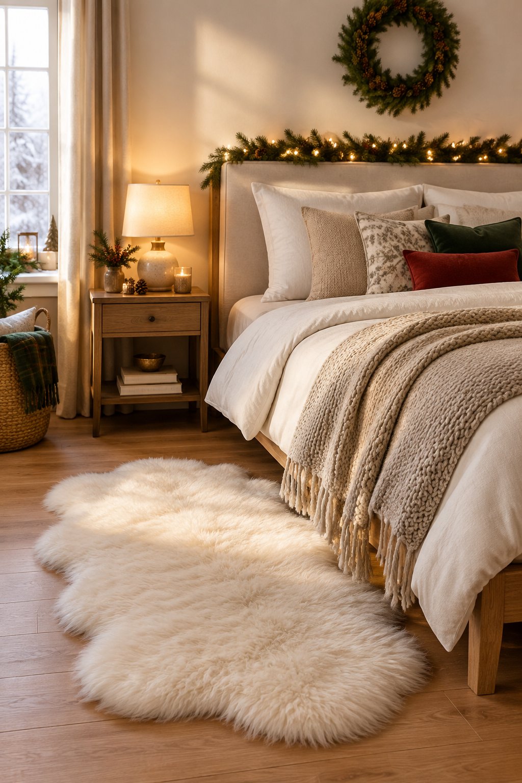 A cozy Christmas bedroom with a white sheepskin rug beside a neatly made bed.