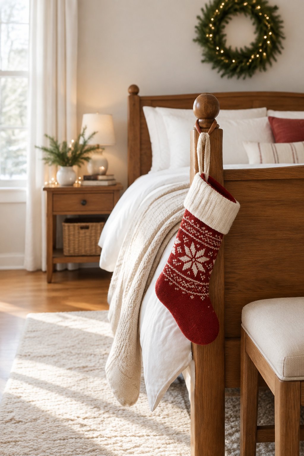 A cozy bedroom with a Christmas stocking hanging from the wooden bedpost.