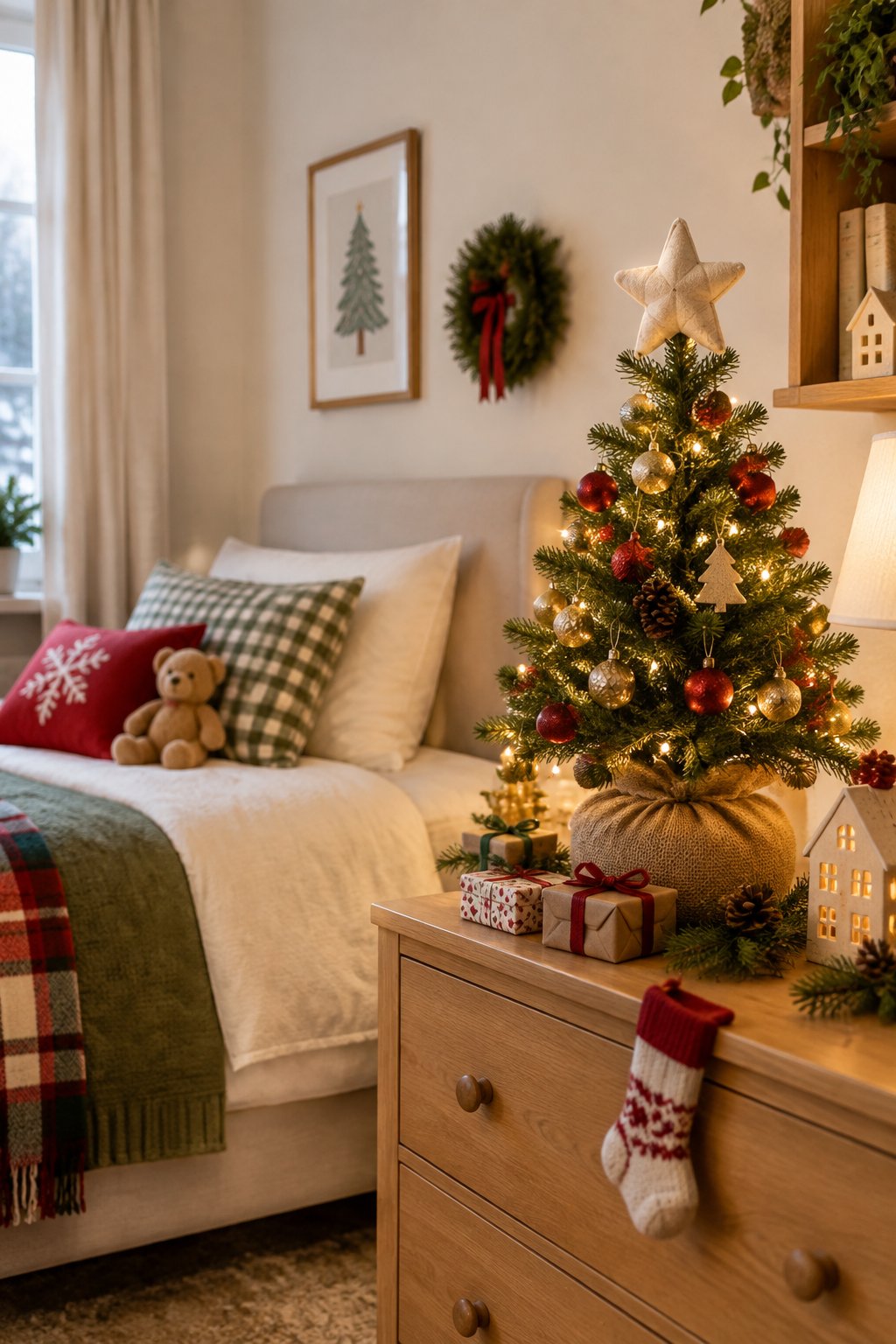 A cozy child’s bedroom with a small decorated Christmas tree on a bedside table and wrapped presents nearby.