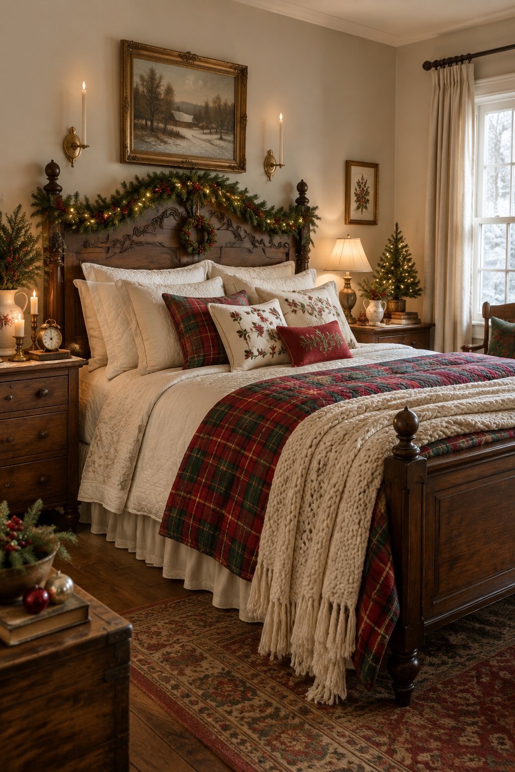 A cozy vintage bedroom decorated with Christmas greenery, plaid bedding, warm lights, and classic holiday ornaments.