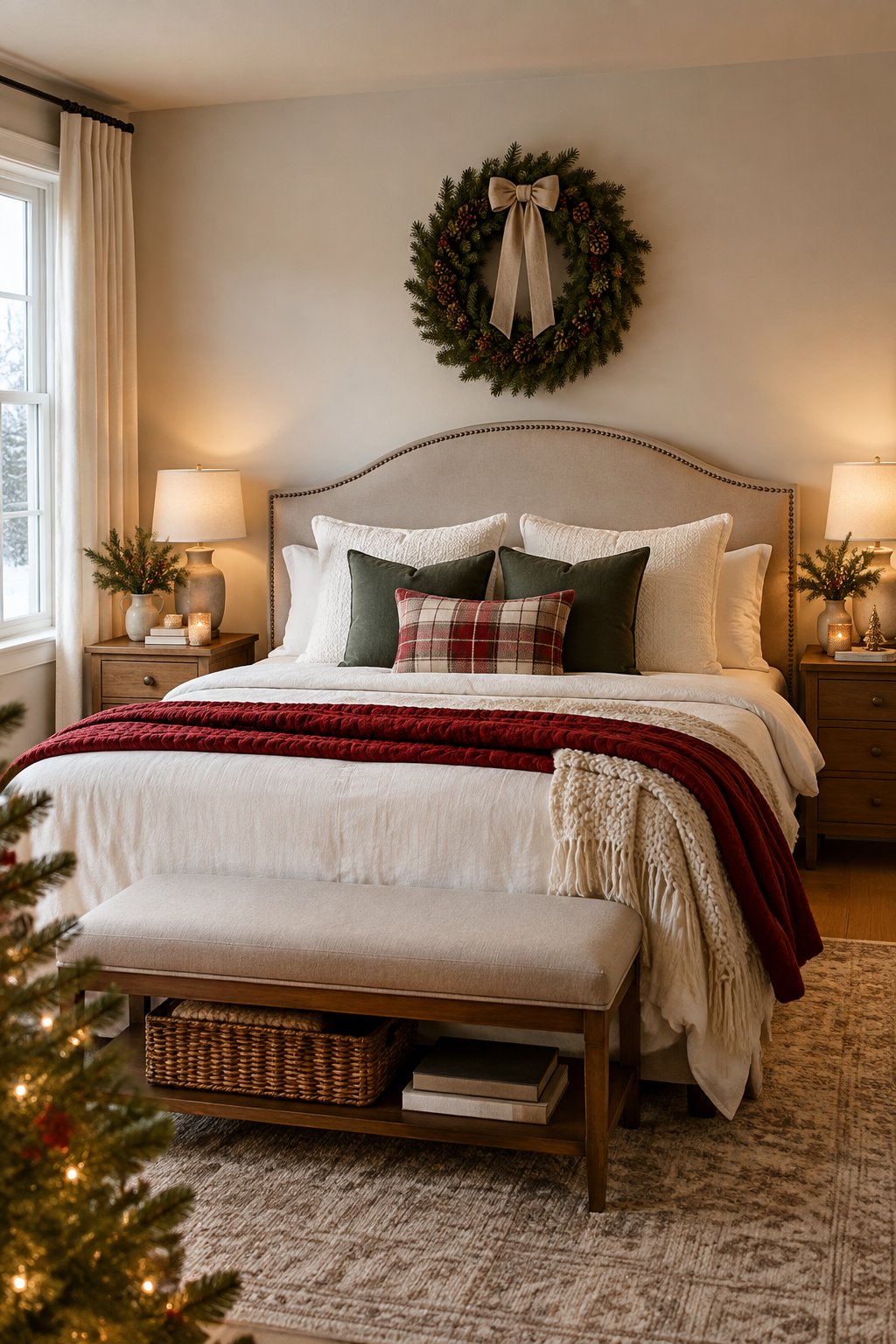 A cozy Christmas bedroom with a decorated wreath hanging above a neatly made bed.